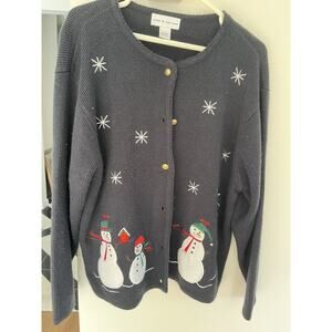 Christmas Sweater Womens L Cardigan Croft & Barrow Black Appliqued Holiday Retro
